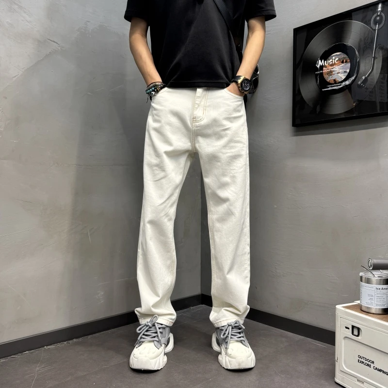 纯色白色小直筒宽松水洗牛仔裤新款男士百男士水洗印花直筒牛仔裤