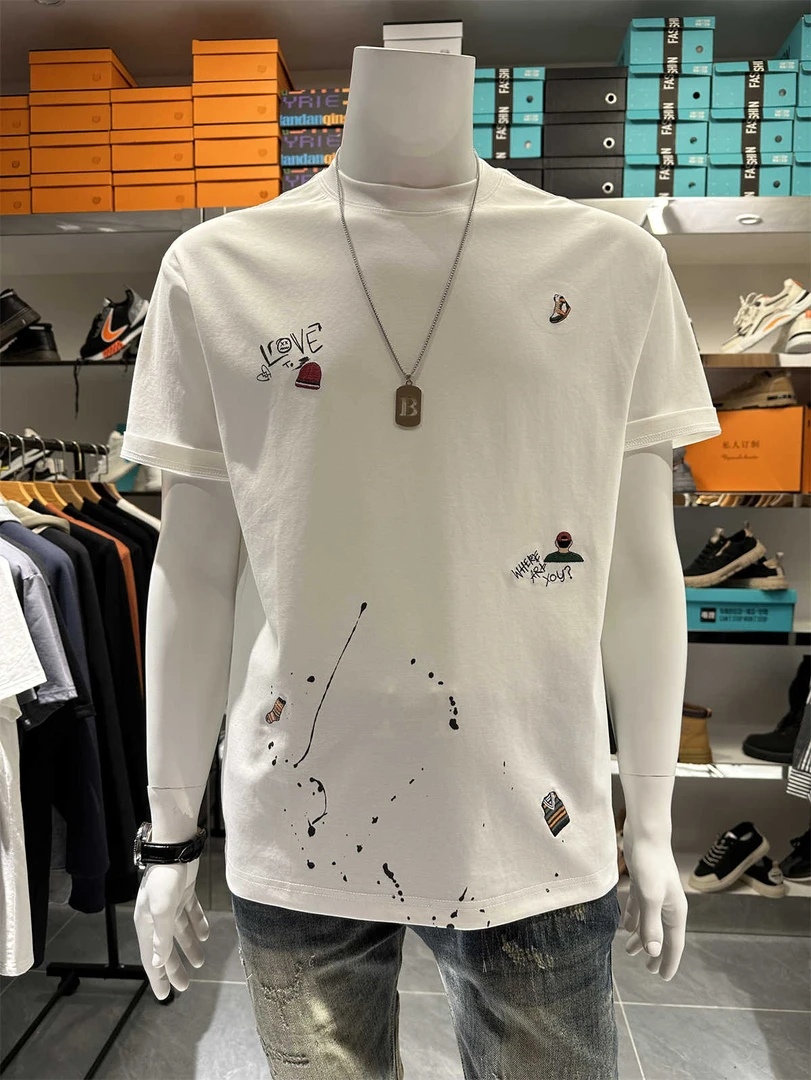 高端个性刺绣短袖t恤男潮牌潮流衣服2025夏季新款男士圆领半截袖