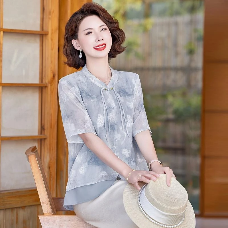 恒源祥彩羊妈妈中国风新中式上衣女夏季新款高端中袖仿桑蚕丝衬衫