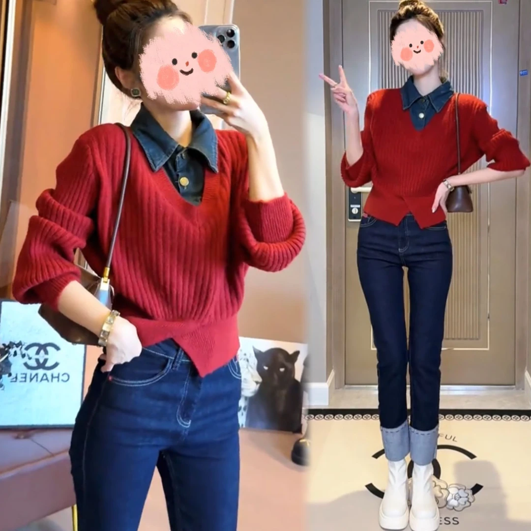 秋冬慵懒风毛衣女2025法式洋气减龄假两件针织上衣百搭显瘦牛仔裤