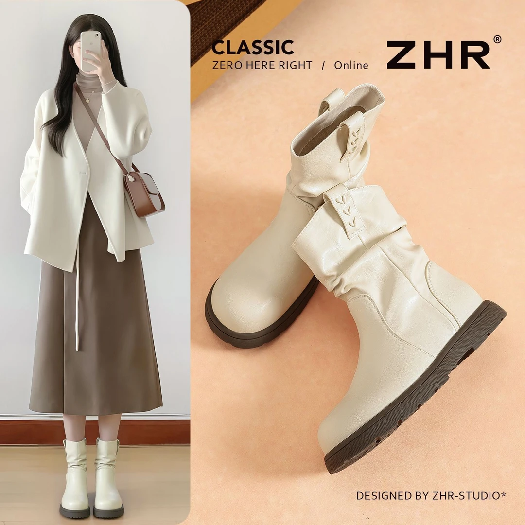 ZHR厚底短靴女2025新款秋冬小个子增高白色堆堆靴英伦复古马丁靴
