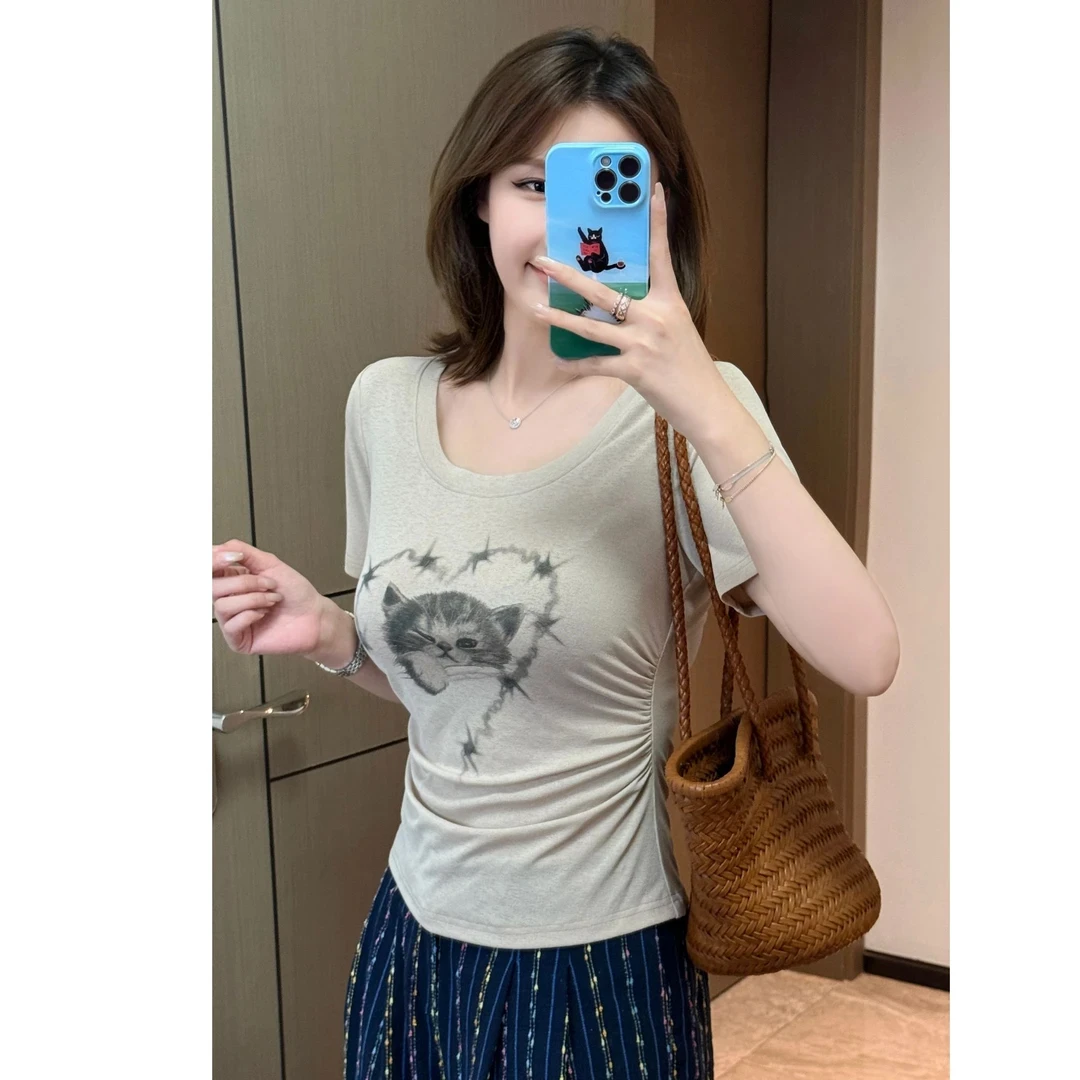 【夏日可露丽】2025夏季日常休闲款定制印花短袖U领上衣洋气衣服女