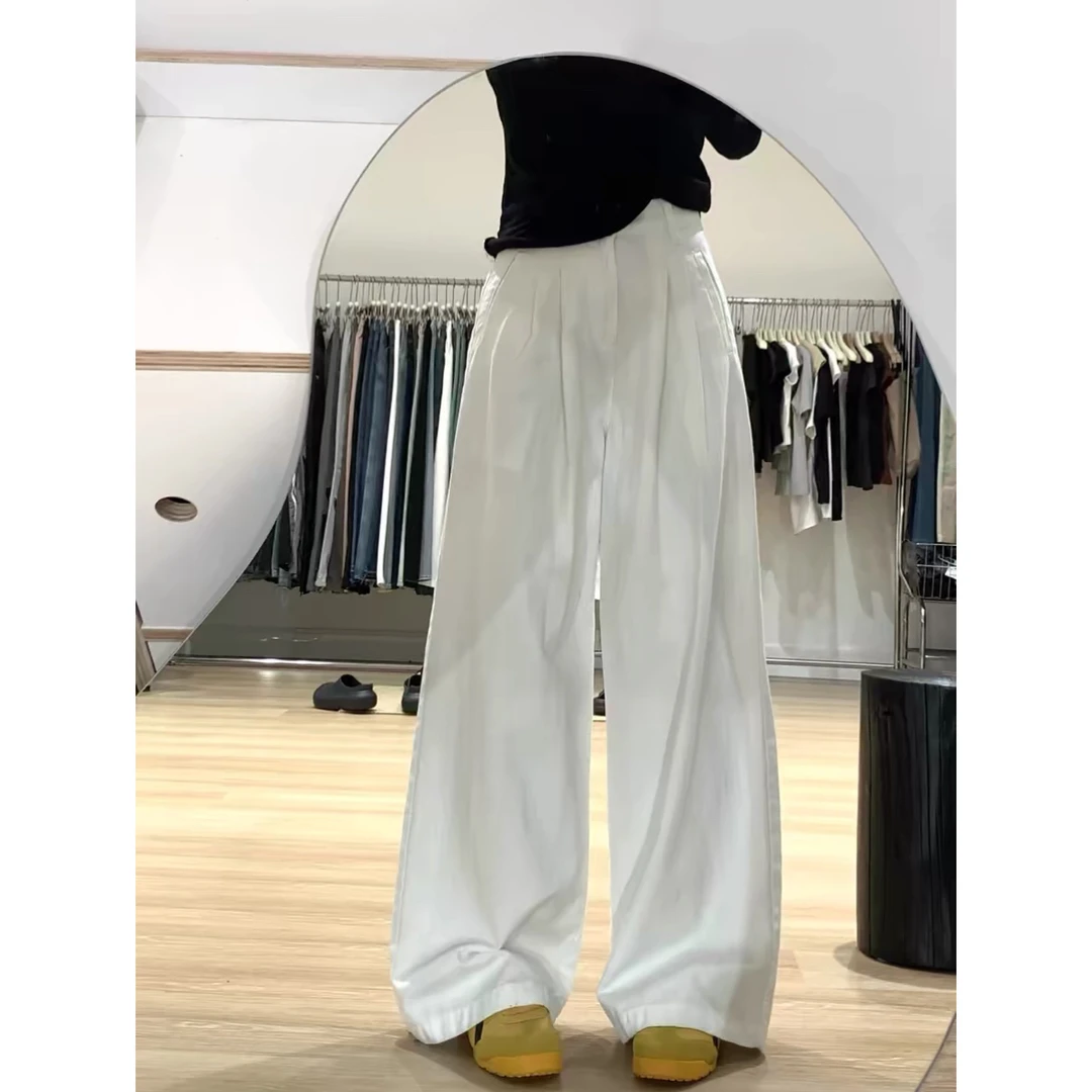 高个子加长白色阔腿牛仔裤女新款高腰宽松显瘦垂感褶皱拖地直筒裤