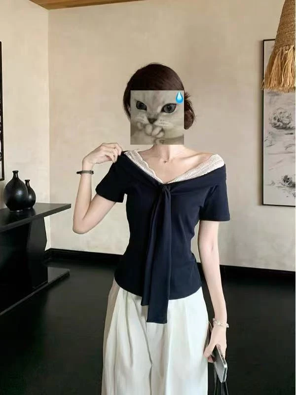 小九九 大码蕾丝蝴蝶结正肩短袖夏季高级感遮肉显瘦20972