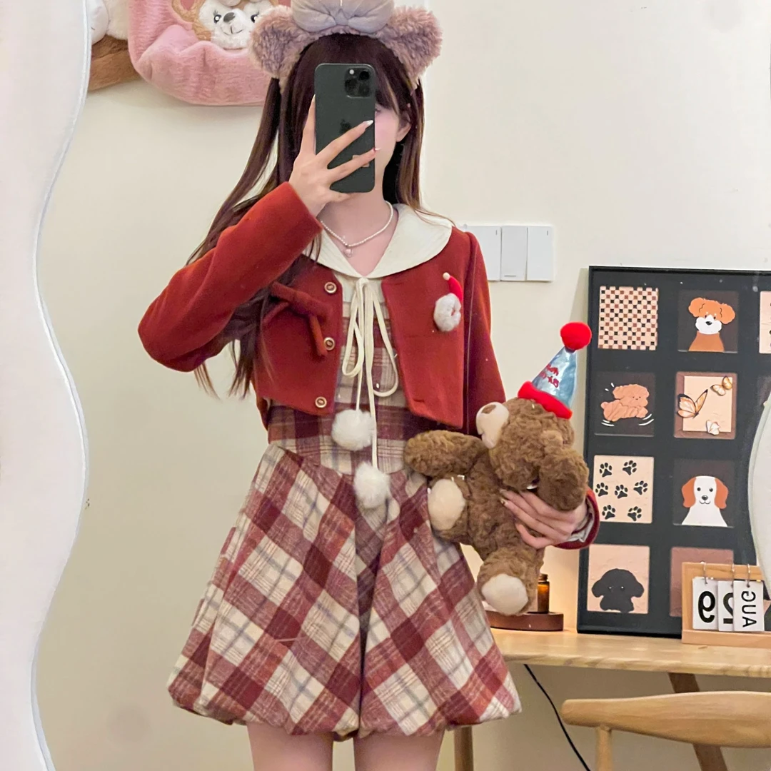摩卡小熊红色 织物猪原创 秋冬复古学院风短外套假两件花苞裙