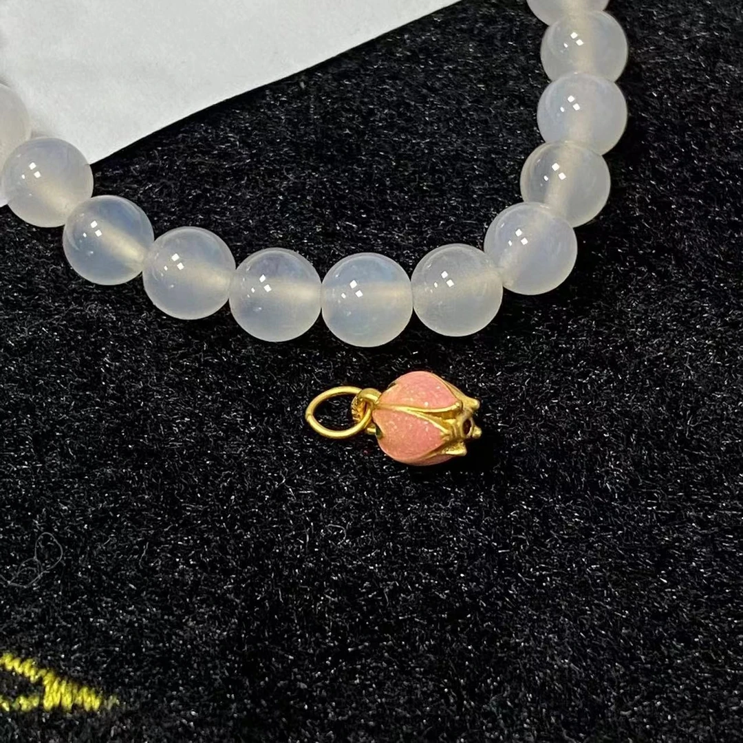 足金999 郁金香烧蓝款粉色花苞搭白玛 瑙手串@@A247