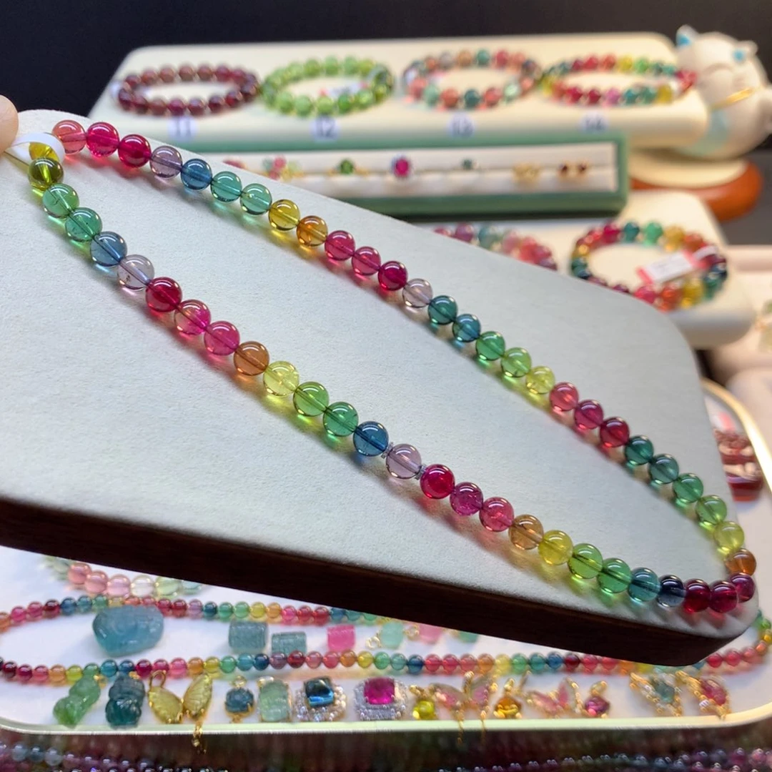 碧玺未镶嵌手串艳丽色标彩虹