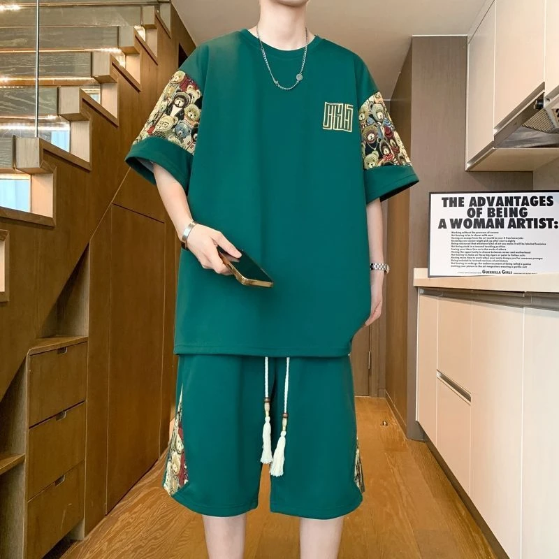 新中式套装男宽松薄款短袖短裤两件套夏季大码t恤休闲运动服