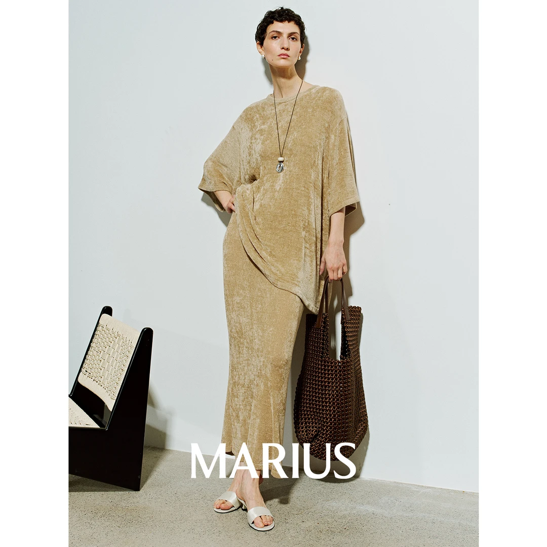 MARIUS丨"拿铁套"雪尼尔经典圆领针织短袖T恤H型显瘦半身裙套装