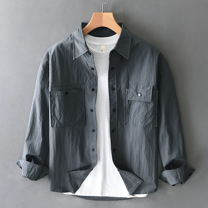 男士春季单排扣对襟春夏长袖衬衫休闲衬衣秋季上衣外套日系复古