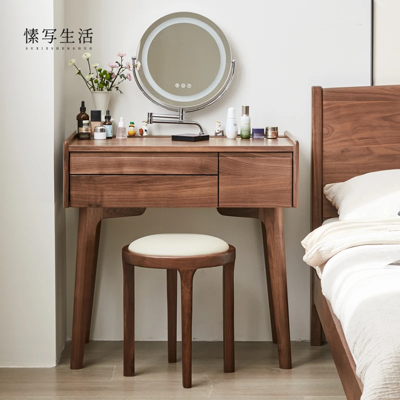 黑胡桃木梳妆台边柜一体全实木化妆桌卧室床头柜床尾收纳