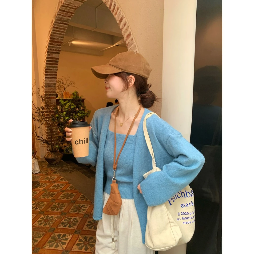 韩系净色甜美减龄宽松百搭毛衣背心上衣+开衫套装两件套