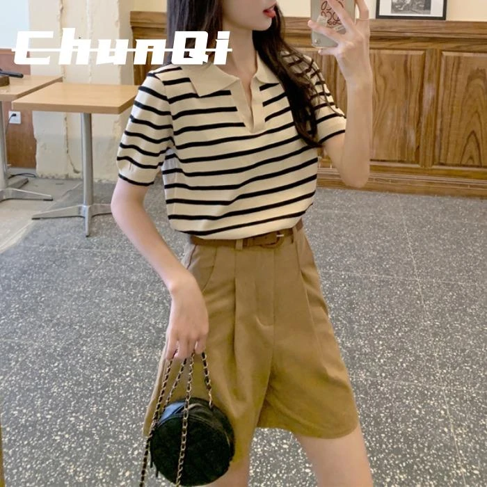 淳启条纹冰丝短袖夏季法式polo翻领小衫别致正肩t恤女abg绝美上衣