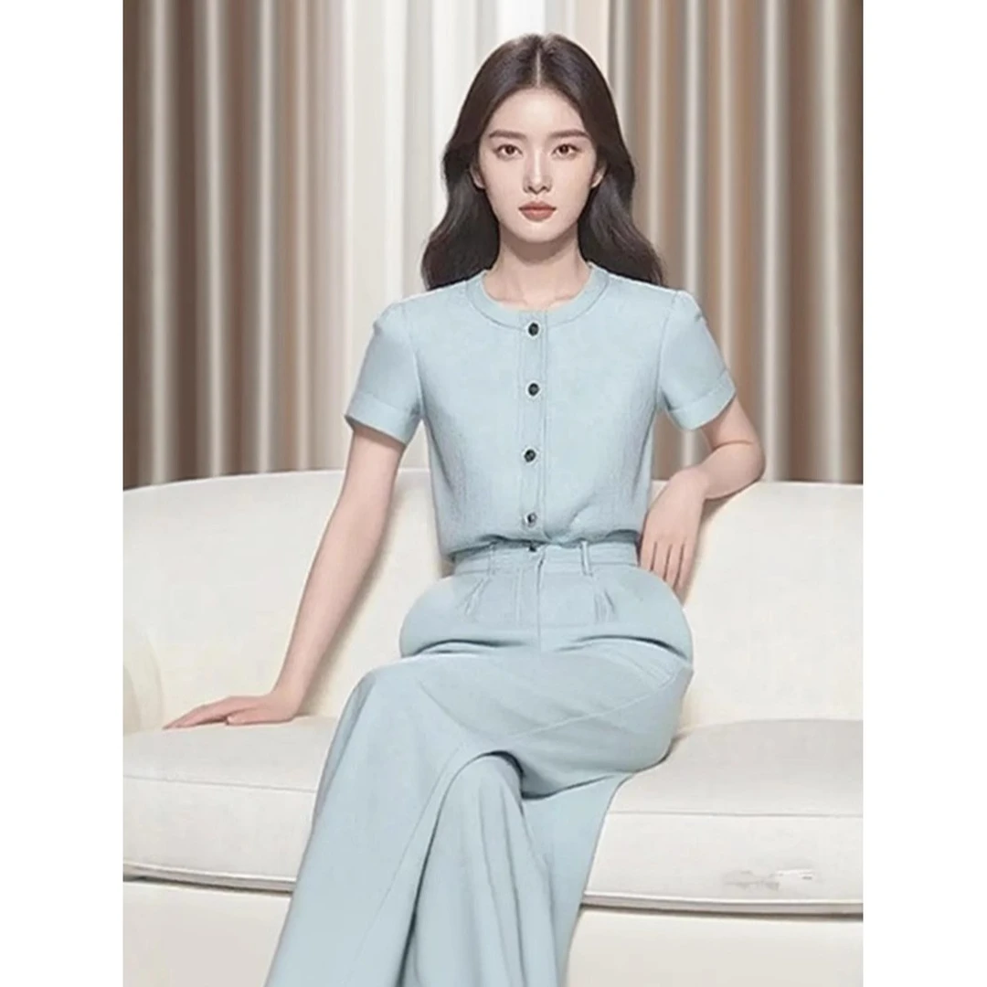 夏装穿搭一整套炸街减龄洋气今年流行时尚休闲感蓝色衬衫两件套装