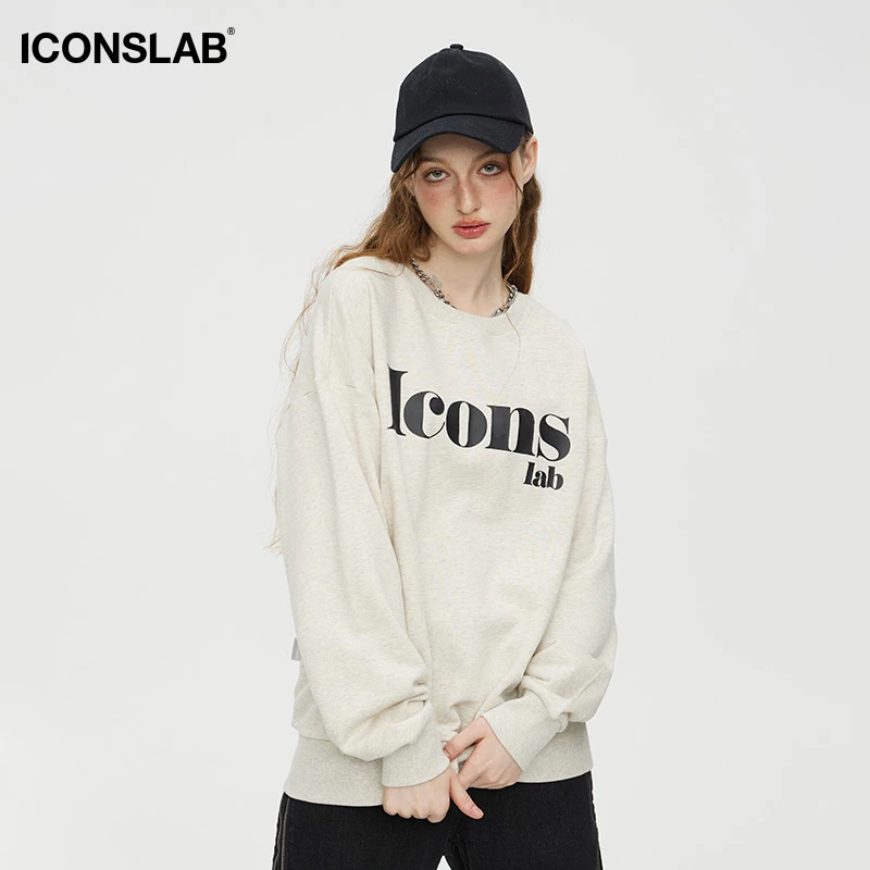 ics丨iconslab大字母圆领卫衣男情侣装美式复古高街潮牌套头长袖