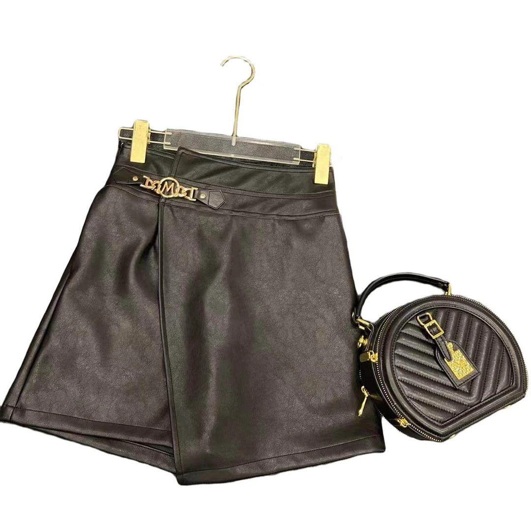 时尚秋冬女士显瘦复试遮肚子百搭假两件高腰阔腿皮短裤裙裤ML209