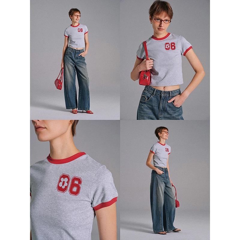 FLOWERSAYS：番红花快乐索罗娜复古运动撞色绣花凉感修身短袖T恤