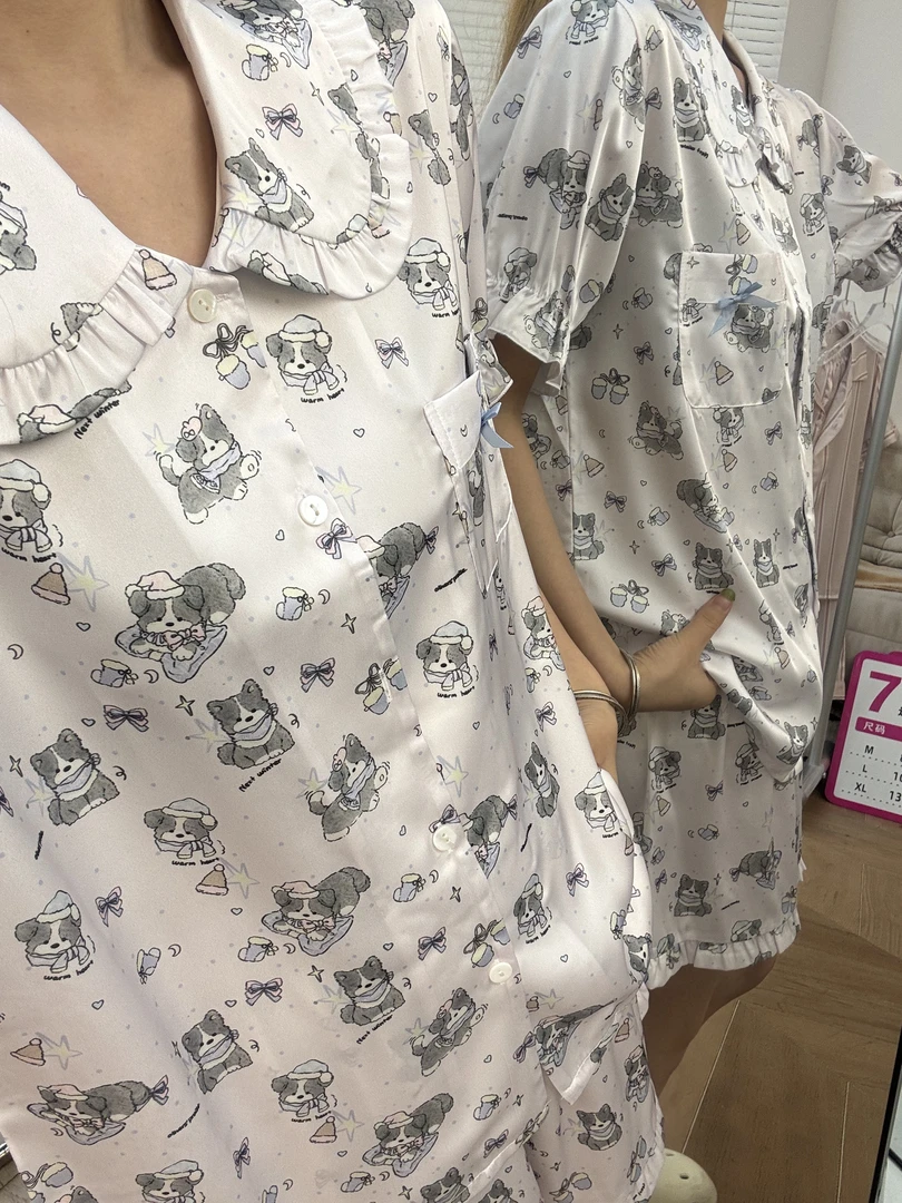 春夏新款睡睡狗短袖短裤冰丝睡衣女 翻领超薄女士家居服套装高级