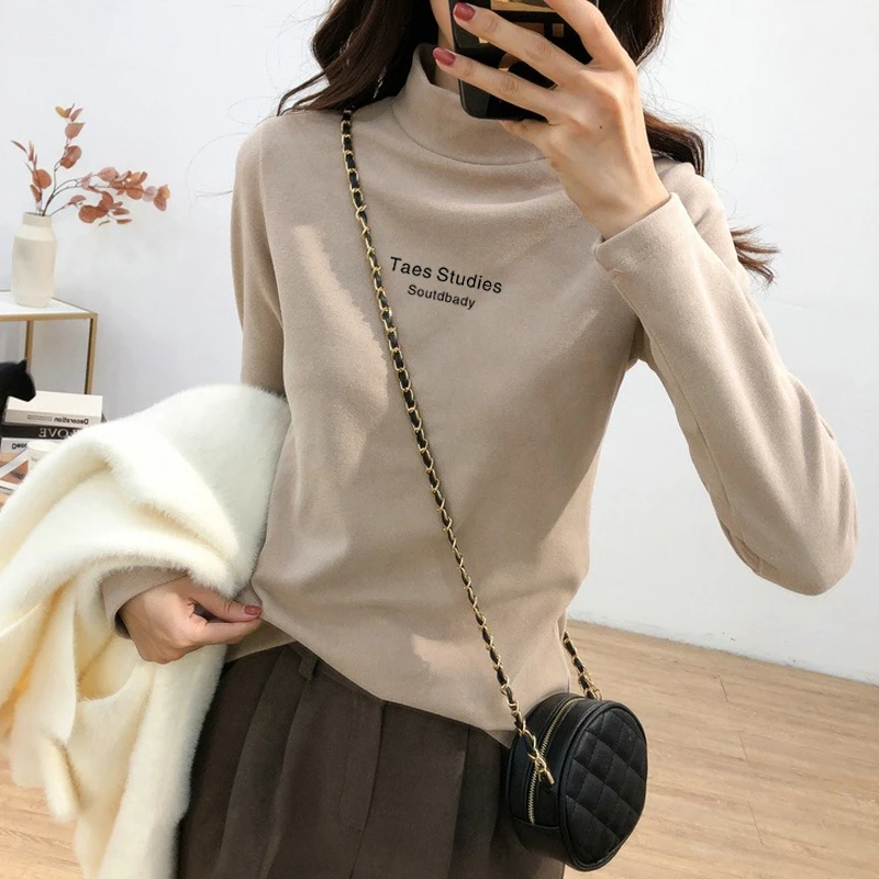 德绒加绒加厚保暖半高领长袖t恤女秋冬季磨毛内搭上衣百搭打底衫