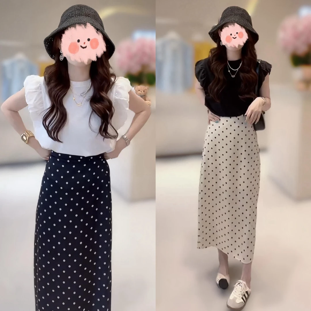 法式褶皱飞飞袖T恤女夏季新款设计感后背镂空短袖上衣+波点半身裙