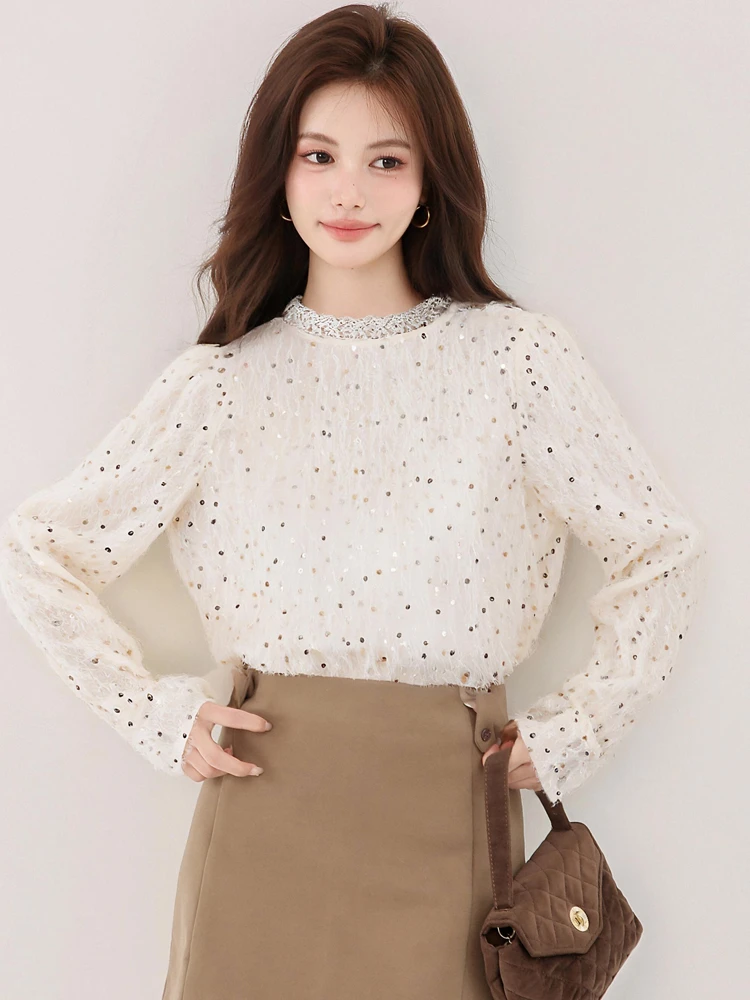 法式高级感木耳边亮片衬衫秋装设计感小众上衣洋气小衫衬衣