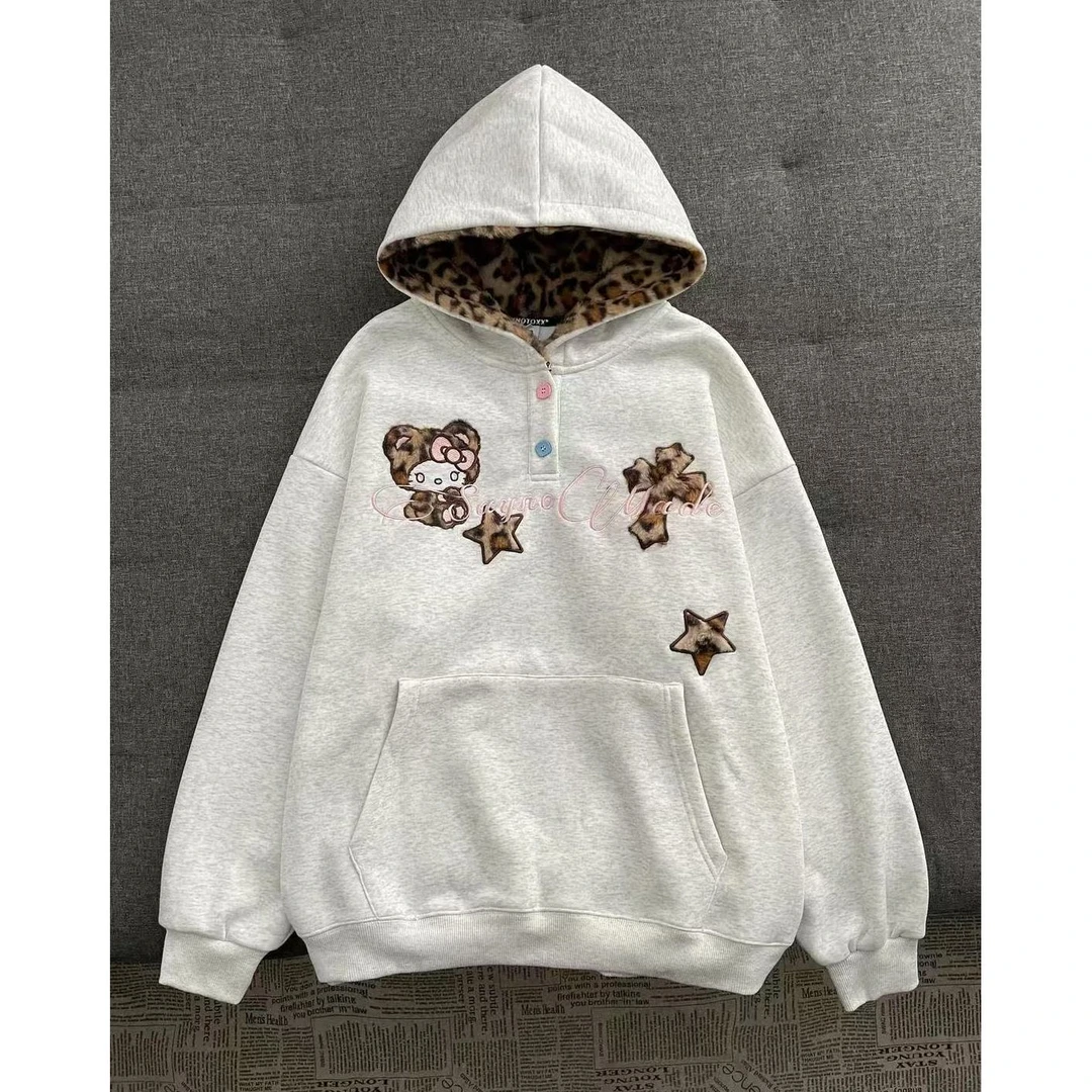 【豹纹HelloKitty】 2025新款加绒刺绣纽扣连帽卫衣秋冬加厚外套女