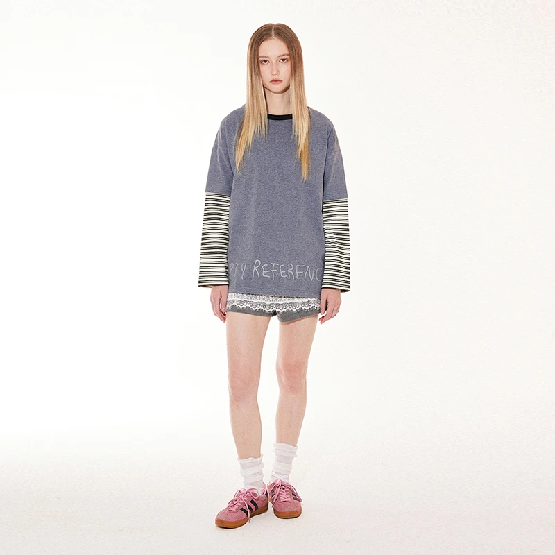 EMPTY REFERENCE美式复古原创拼色假两件条纹长袖打底衫T恤