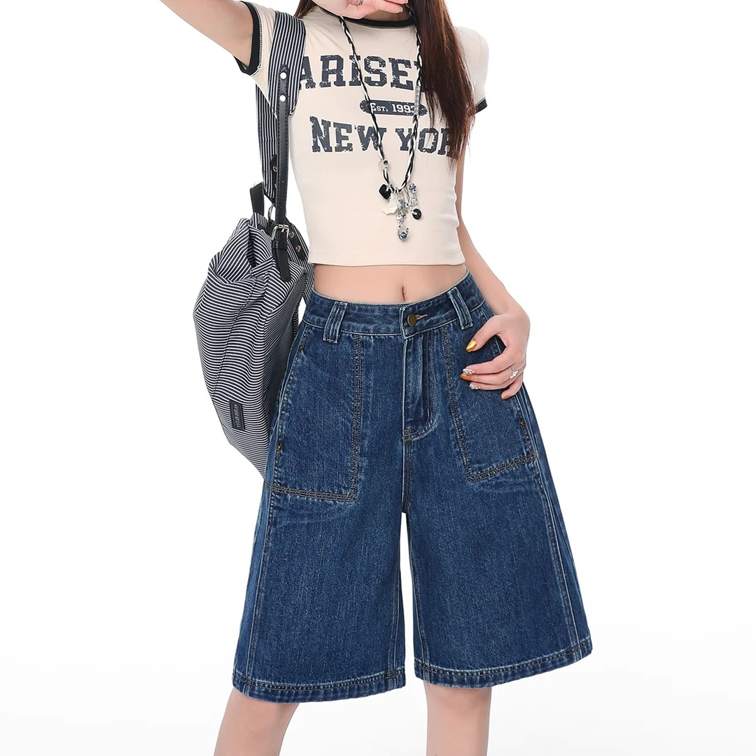 复古蓝五分牛仔短裤女2025夏季薄款高腰显瘦宽松直筒阔腿中裤子潮