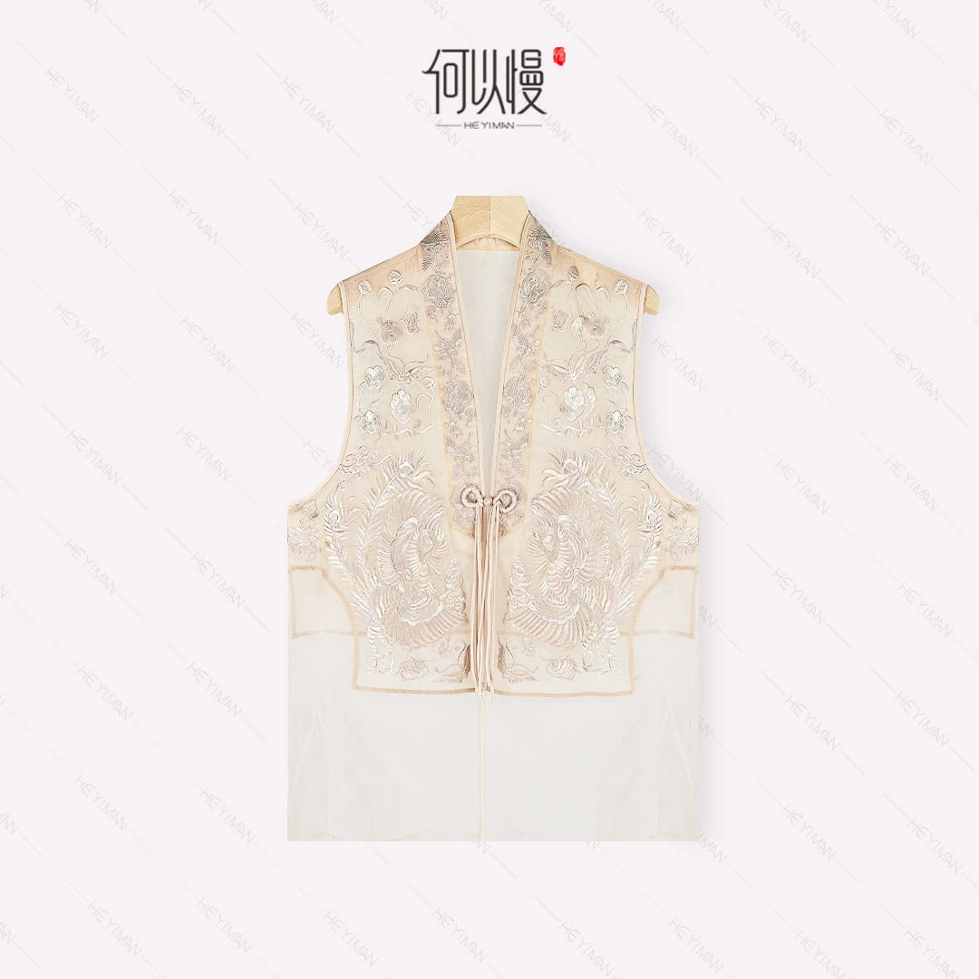 【何以慢】100%桑蚕丝夏季新中式重工亮片刺绣真丝马甲K4-A5094