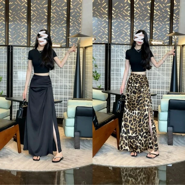 夏季新款气质女装高腰豹纹开叉半身裙女别致设计感a字裙长裙子