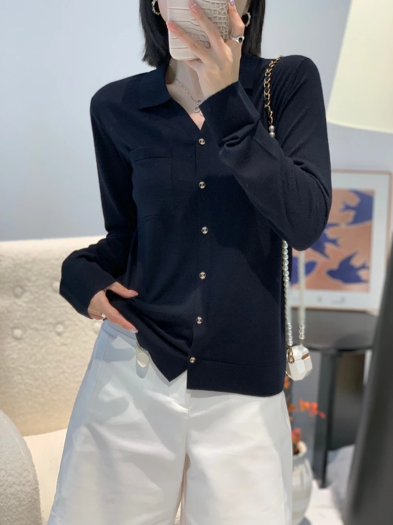 60支100%美丽诺羊毛薄款休闲风合身秋冬春季常规T恤领口袋羊毛衫
