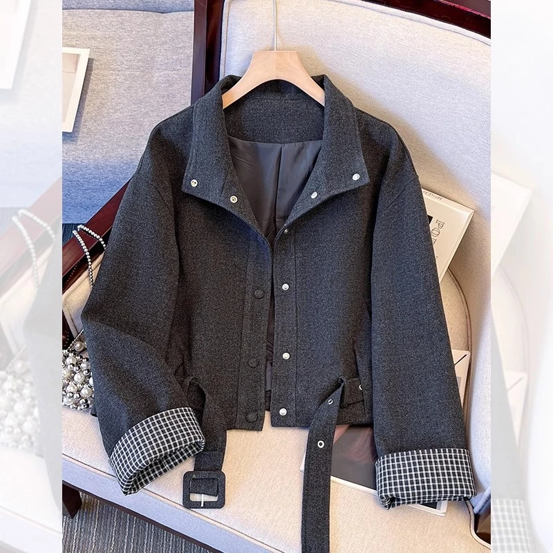 韩系复古短款毛呢外套女秋冬2025新款休闲格子拼接小个子洋气上衣