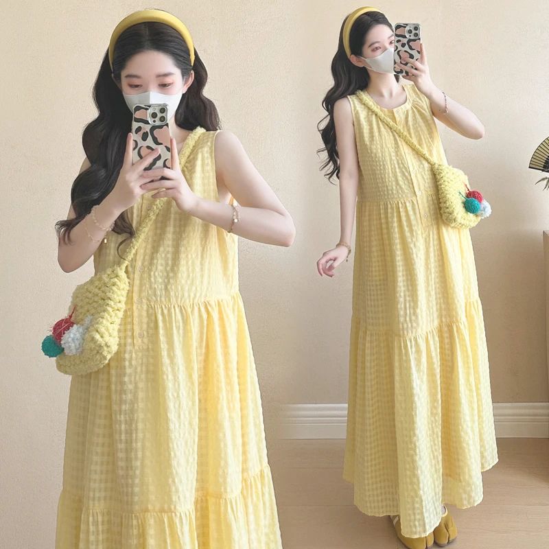 孕妇夏季背心连衣裙2025新款时尚宽松度假风气质黄色格子孕期裙子