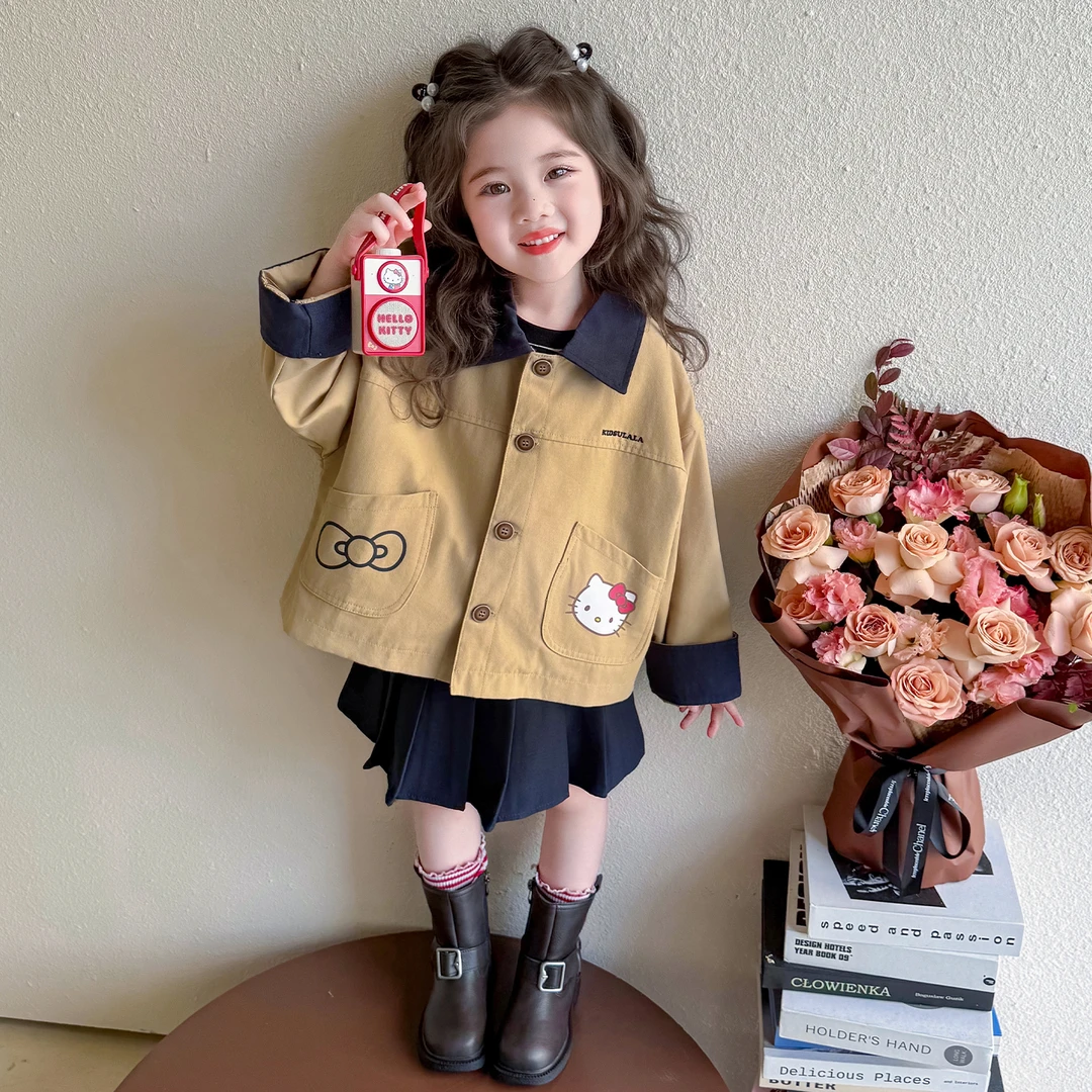 女童外套秋装2025新款儿童韩版简约翻领印花夹克衫女孩撞色开衫潮