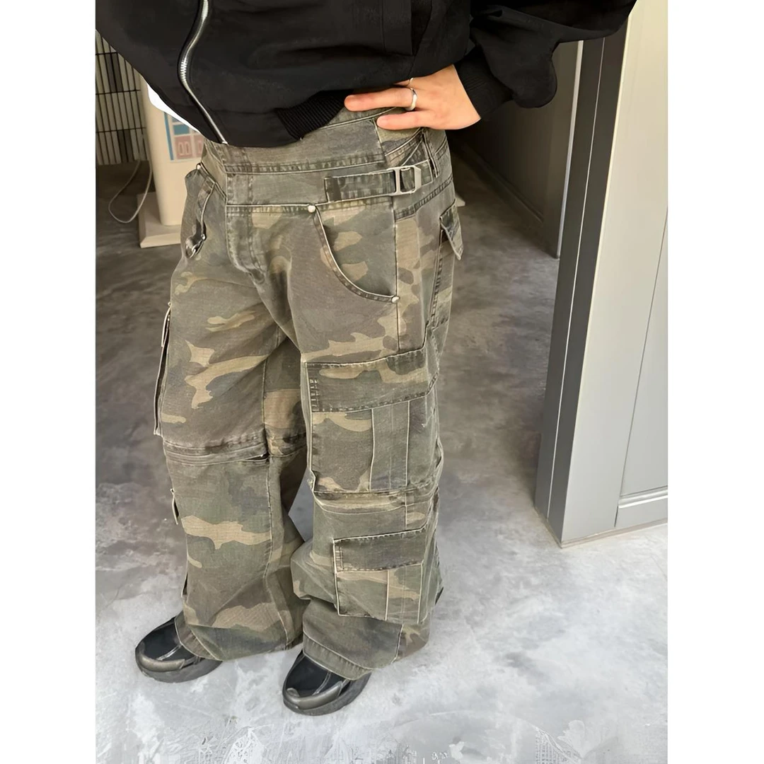 “一裤多穿”美式复古重工金属双腰头可拆卸口袋洗水阔腿工装休闲裤