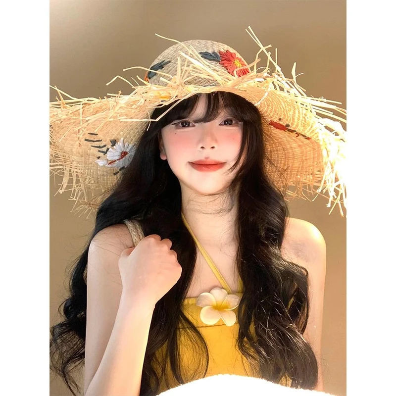 花朵拉菲草帽女夏海边沙滩度假法式大帽檐草编遮阳防晒帽太阳帽子
