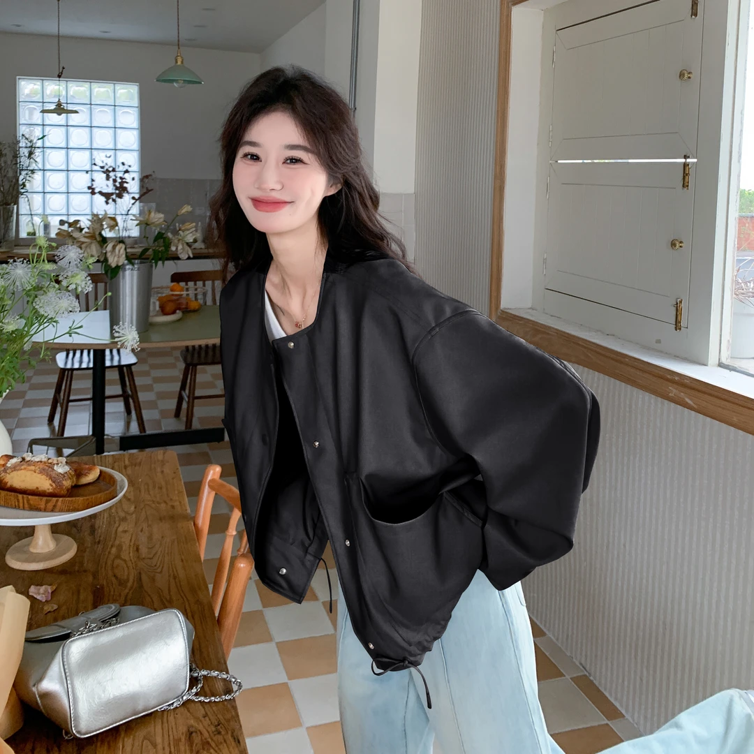 设计感下摆抽绳棒球服皮衣外套女2025年春季新款宽松休闲机车夹克