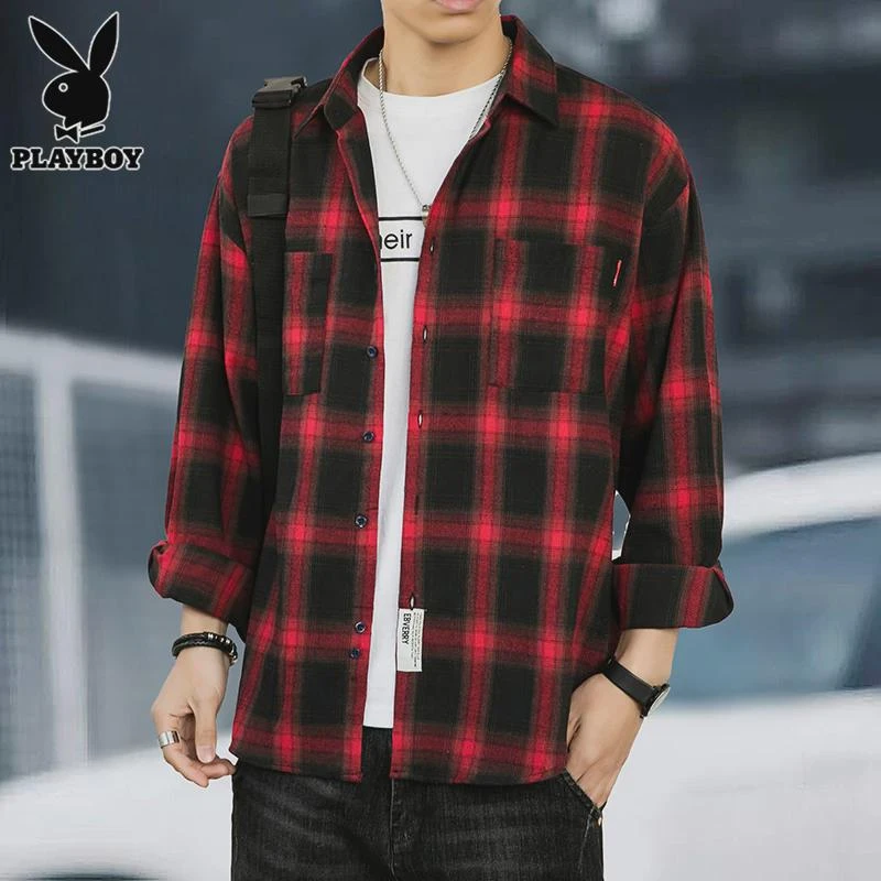 花花公子秋季红色长袖衬衫男士外套新款休闲寸衫宽松潮格子衬衣男