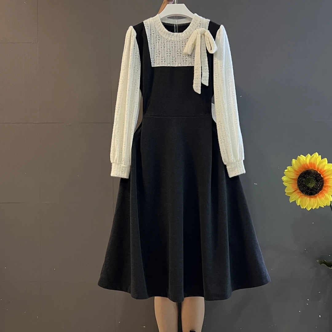 法式气质赫本轻奢时尚气质减龄洋气拼接假两件收腰显连衣裙