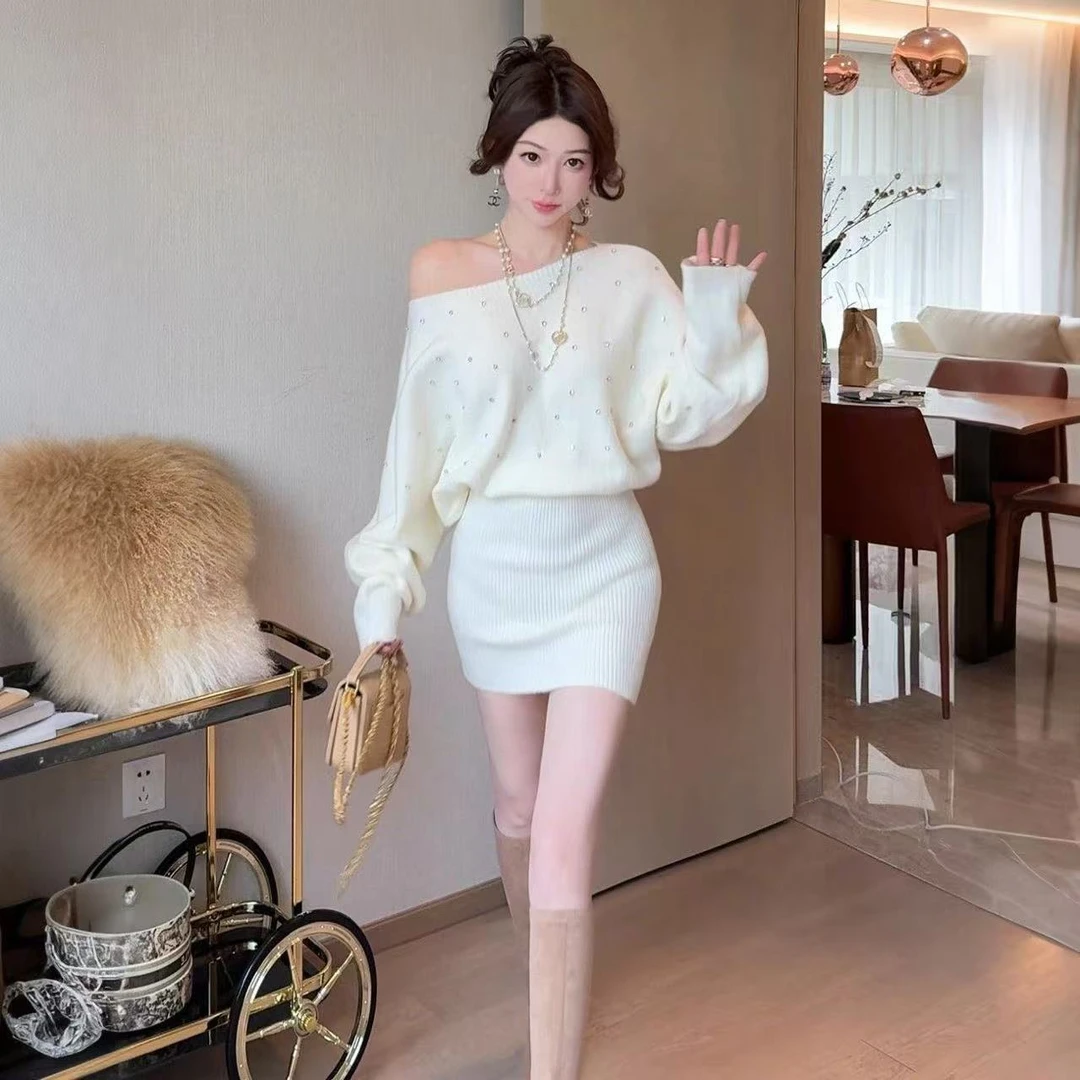 冬季修身长款法式气质显瘦收腰复古简约百搭针织连衣裙套装