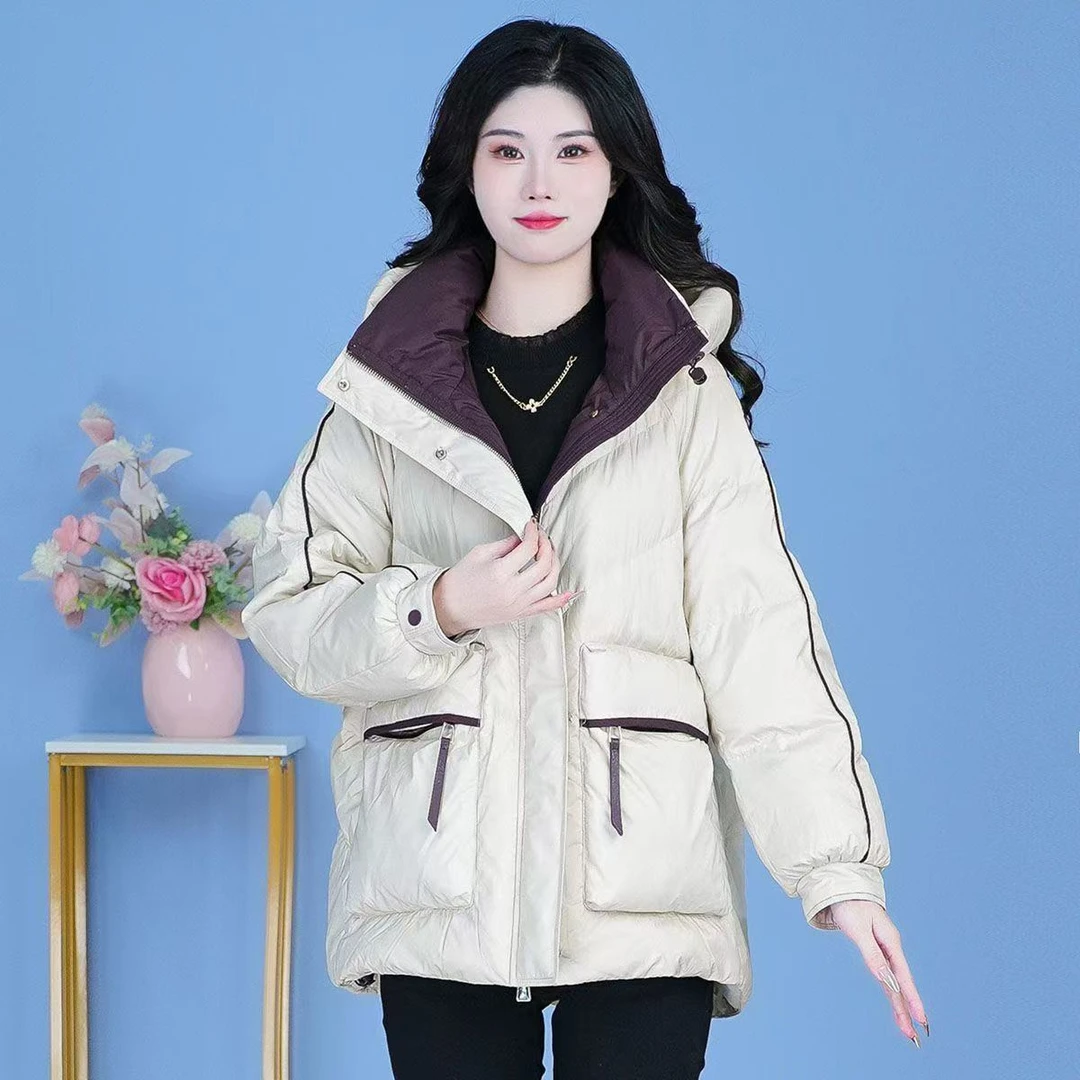 冬装新款拼色白鸭绒保暖免洗羽绒服女加厚时尚连帽哑光外套推荐