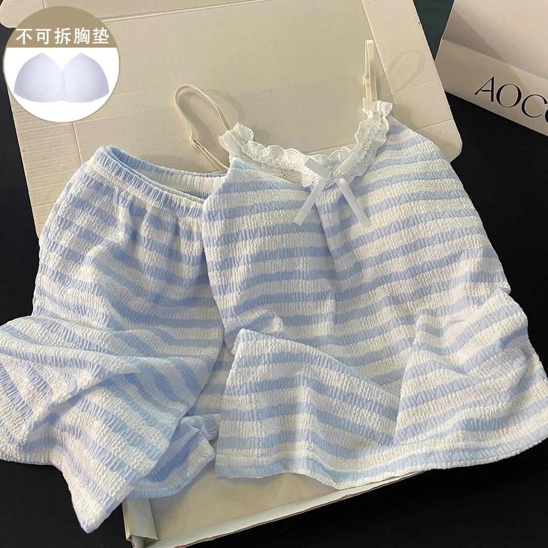 2025年夏季新款睡衣女蓝色带胸垫吊带短裤蝴蝶结莫代尔休闲家居服