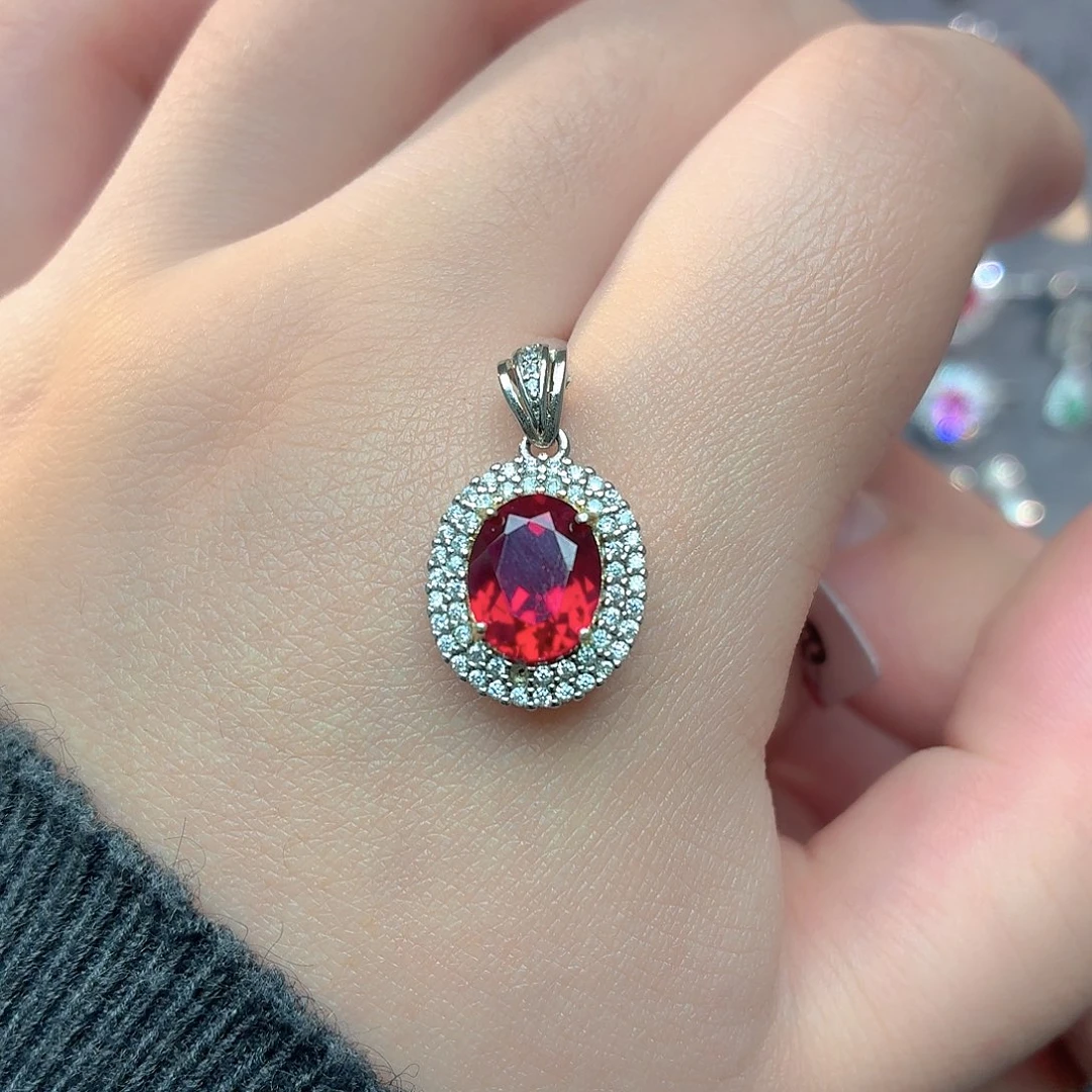 吊坠925银培育鸽血红色宝石