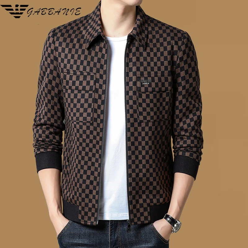 意大利专柜男士翻领夹克春秋季长袖百搭中年商务格子茄克时尚外套