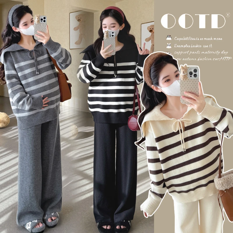 秋装孕妇套装爆款潮流洋气条纹翻领上衣休闲宽松阔腿裤高质量两件