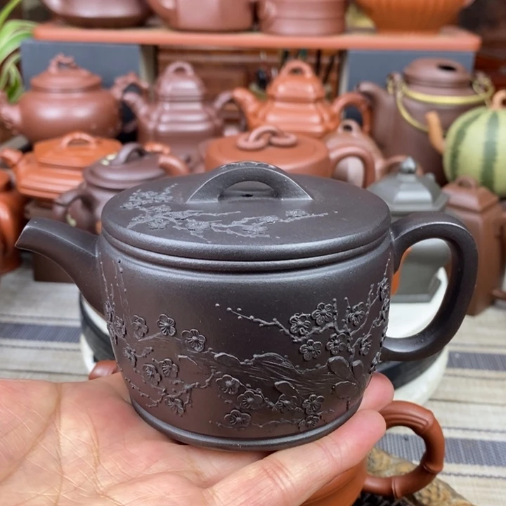 紫砂茶壶梅花汉瓦260cc原矿五色土黑料新年特价