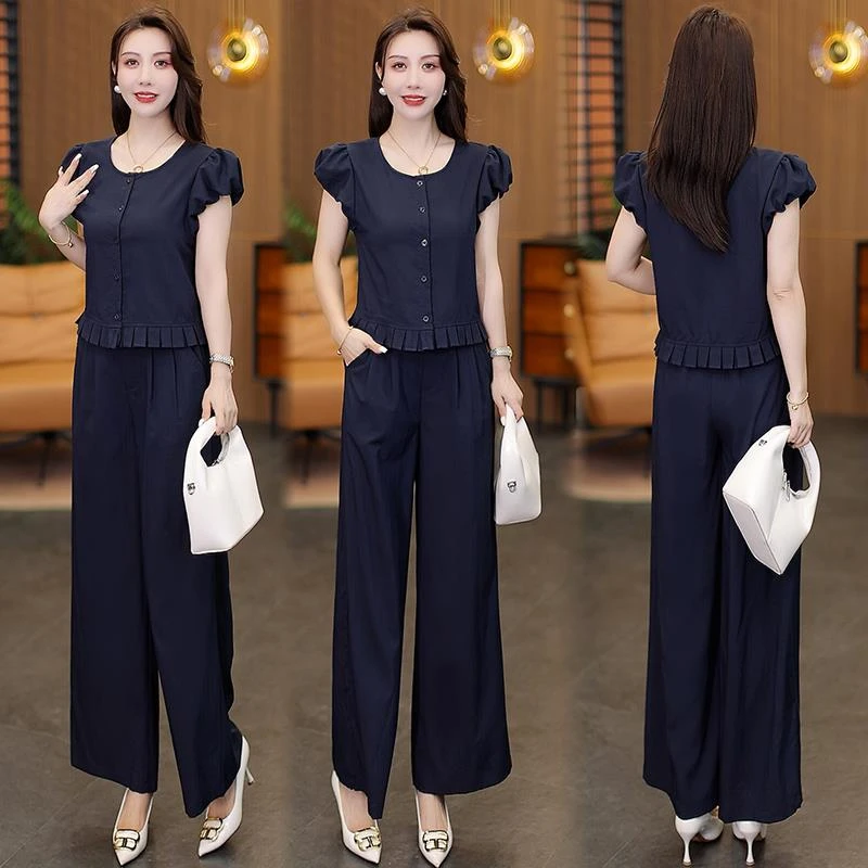 时尚老钱风套装女士2025夏季新款洋气显瘦木耳边短袖阔腿裤两件套