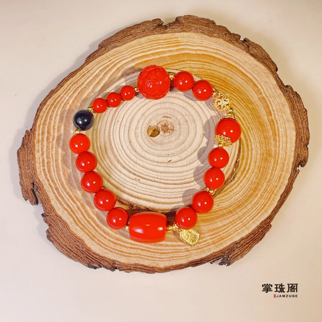 掌珠阁 含辰砂工艺品【红胜火】朱砂水飞砂S925银8mm新国风手串