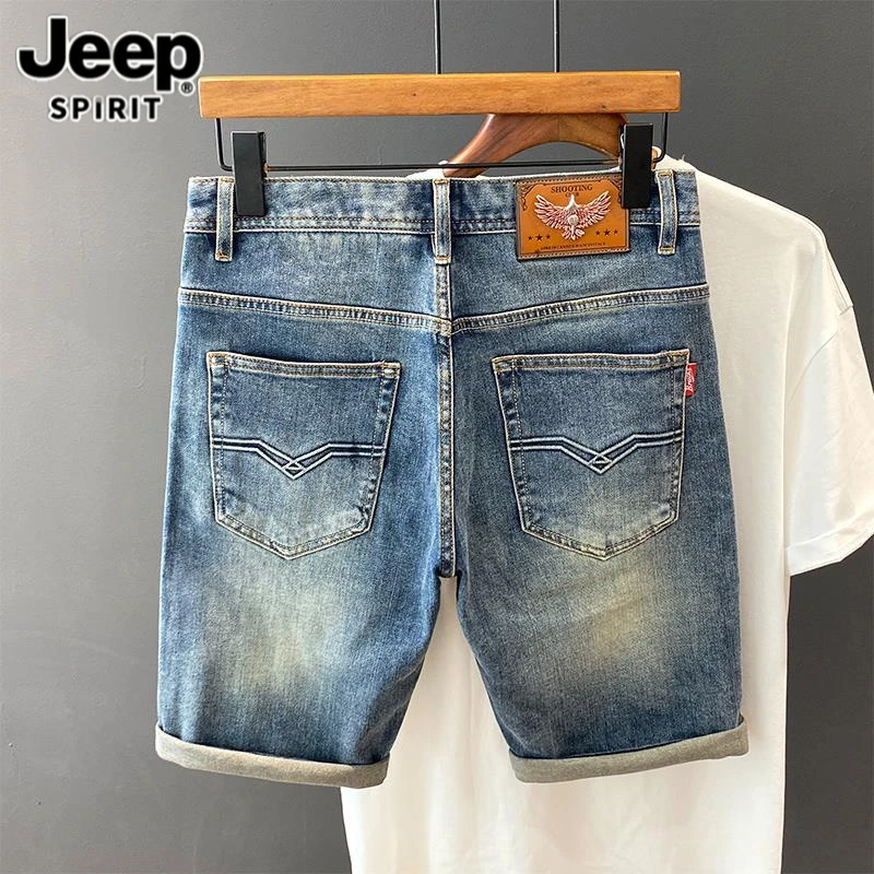 Jeep吉普复古做旧牛仔短裤男修身直筒时尚潮流夏季新做旧拼接直筒