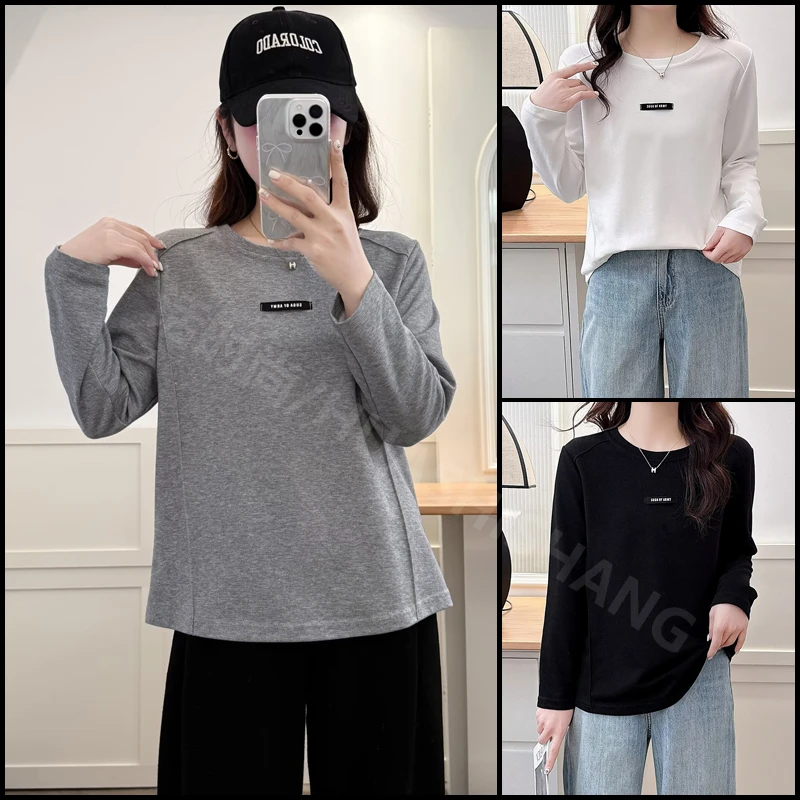 大码女装设计感减龄贴标鱼骨圆领打底衫女早春新款宽松显瘦上衣